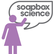 A purple drawing of a stickfigure on a soapbox. There is a speach bubble coming from the figure which reads "soapbox science"""